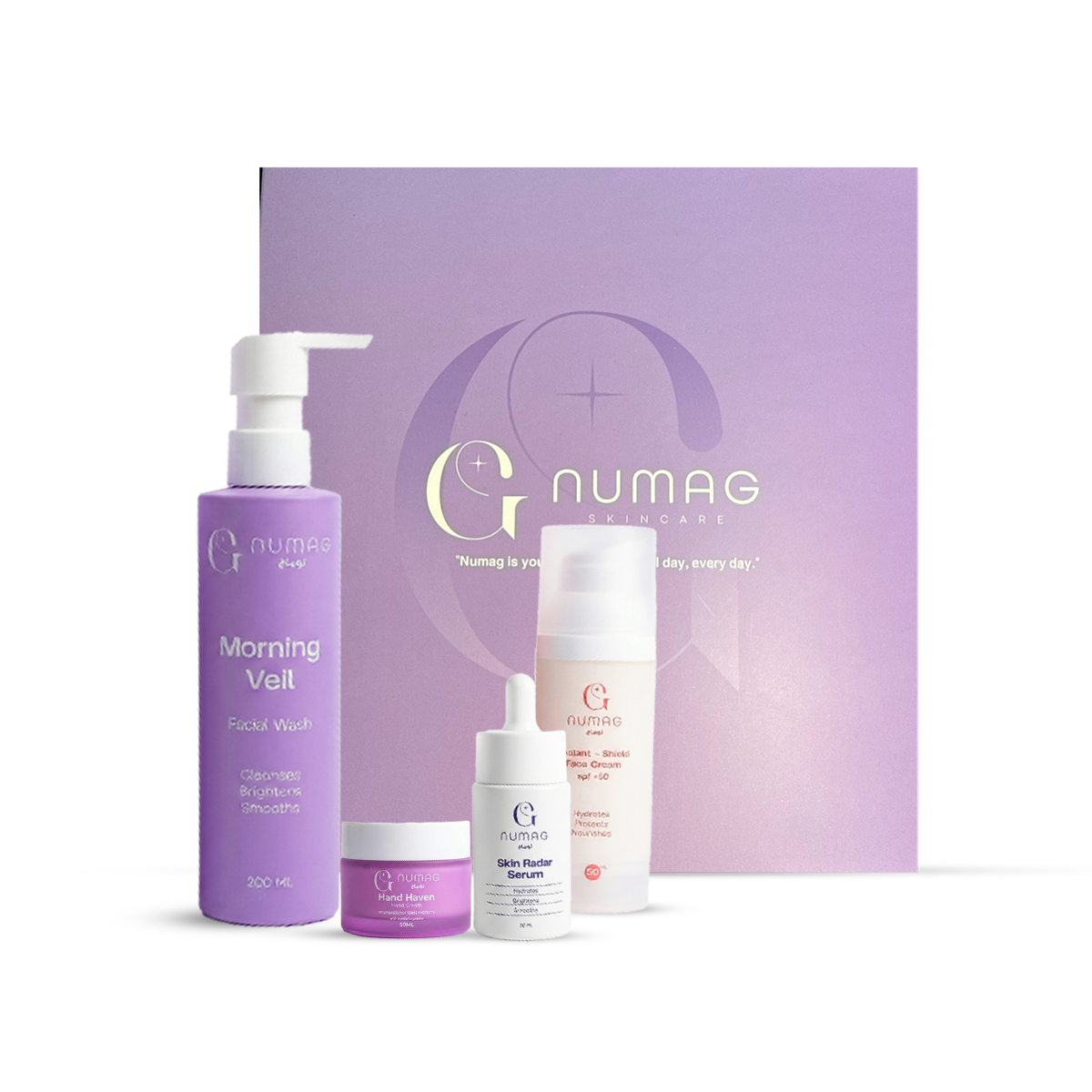 Cosmetic set with bottles and a box featuring the brand 'Gnumag' on a white background.
