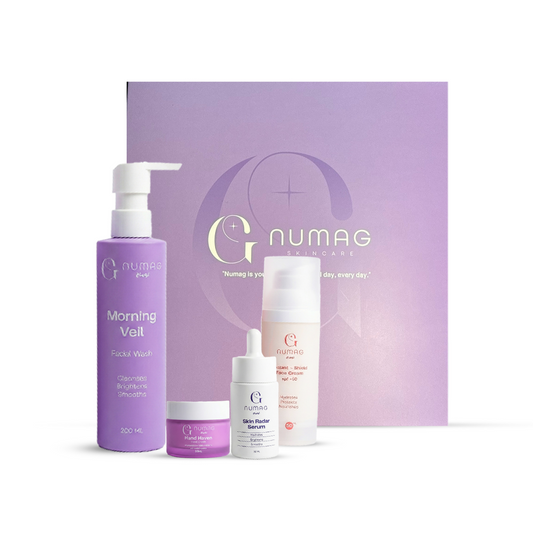 Cosmetic set with bottles and a box featuring the brand 'Gnumag' on a white background.
